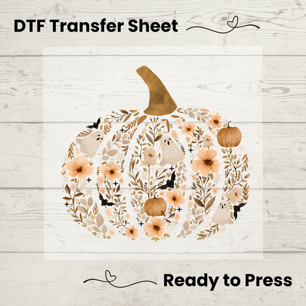Halloween Floral Ghost Pumpkin DTF Transfer Sheet: Ready to Press, DIY Shirt