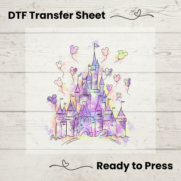 Vibrant watercolor castle DTF transfer sheet featuring pastel tones and balloon accents, ready to press on t-shirts and hoodies.