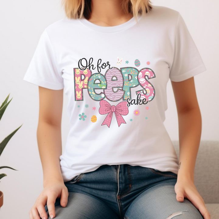 Coquette-inspired Easter heat transfer featuring a pink bow, pastel peeps, and adorable bunny-themed elements for stylish spring outfits
