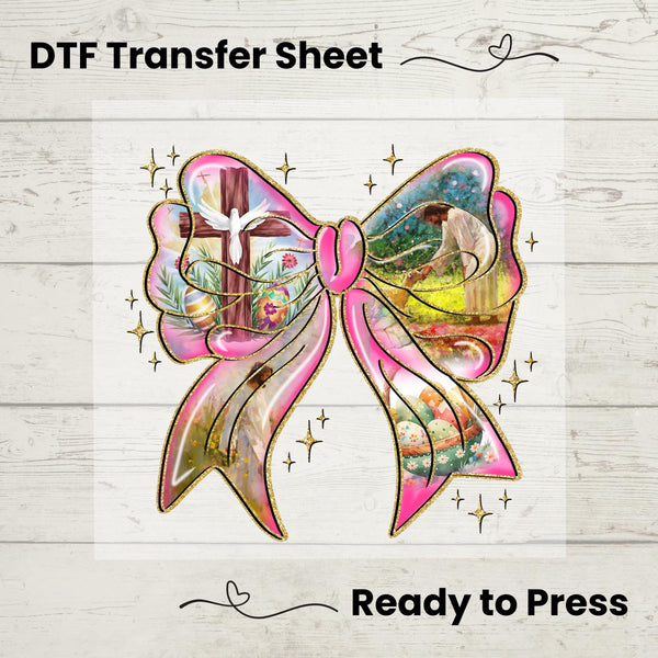 Easter Coquette Bow DTF heat transfer with a pink bow and Christian resurrection scene, ready to press on spring tees.