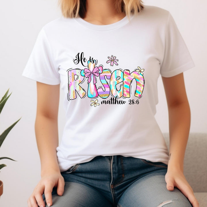 High-quality Easter Sunday heat transfer with a pastel-themed cross, pink bow, and inspirational design for faith-based apparel.