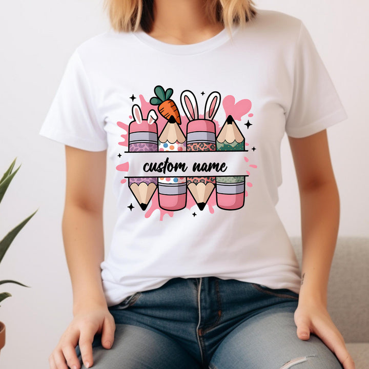 Easter Teacher Custom Name DTF heat transfer featuring bunny-eared pencils and a custom name option, ready to press on t-shirts