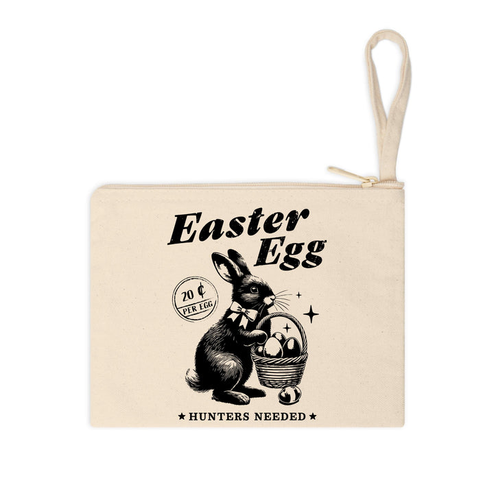 Retro-style Easter Bunny DTF transfer featuring a hand-drawn rabbit, eggs, and a "Hunters Needed" sign for seasonal apparel.