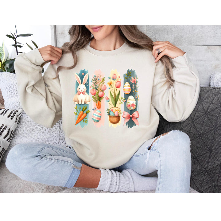 Adorable bunny sitting next to fresh carrots, a spring floral arrangement, and Easter eggs.