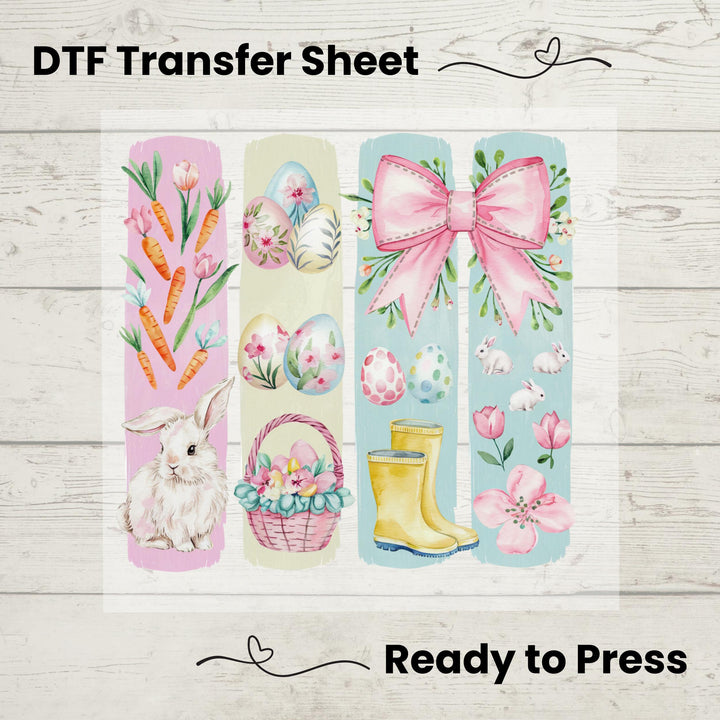DTF Transfer featuring a pastel watercolor bunny, Easter eggs, carrots, and spring flowers – perfect for Easter apparel.