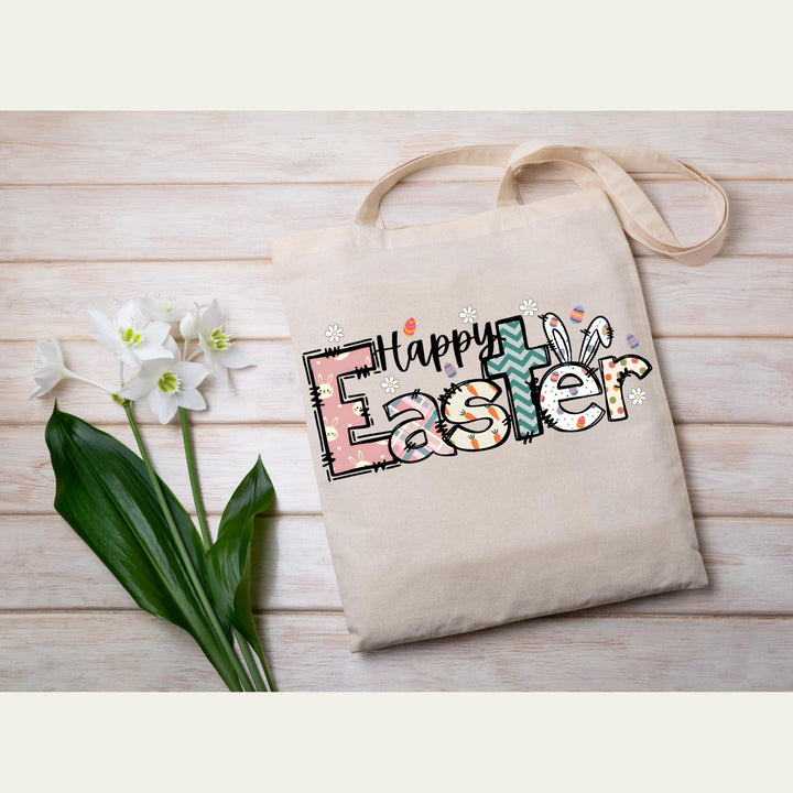 A fun and colorful DTF transfer featuring the words "Happy Easter" with bunny ears, eggs, and floral doodles.