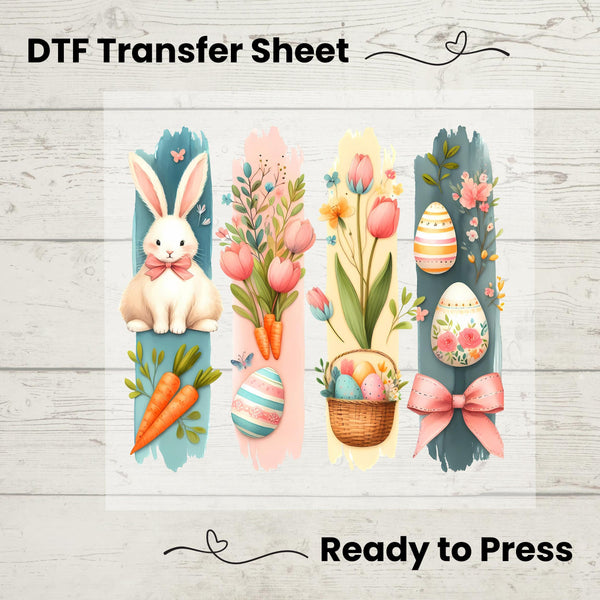 Pastel-colored DTF transfer featuring a bunny, tulips, decorated eggs, and a basket for Easter crafts.