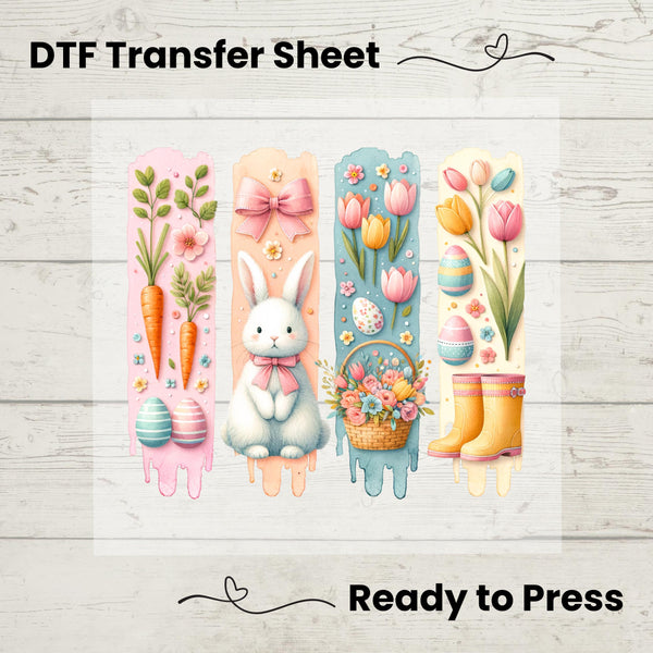 A pastel Easter-themed DTF transfer featuring a bunny, tulips, eggs, carrots, and spring boots.