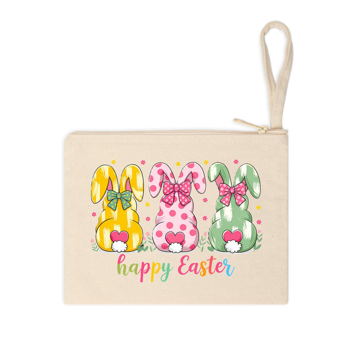 dorable polka-dot and pastel bunnies with fluffy tails, colorful bows, and "Happy Easter" text in a fun, playful font.