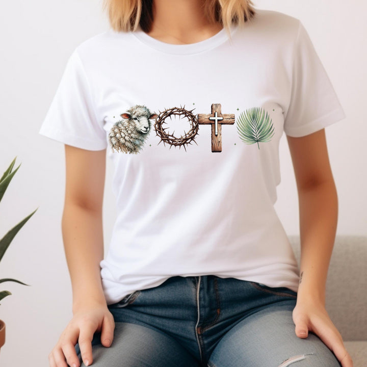 Spiritual Easter-themed DTF print with cross, lamb, crown of thorns, and palm for faith-based apparel.
