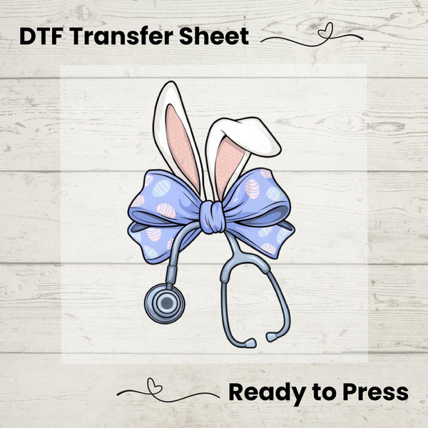 DTF Transfer featuring bunny ears, a pastel bow, and a stethoscope – perfect for nurses and healthcare workers.