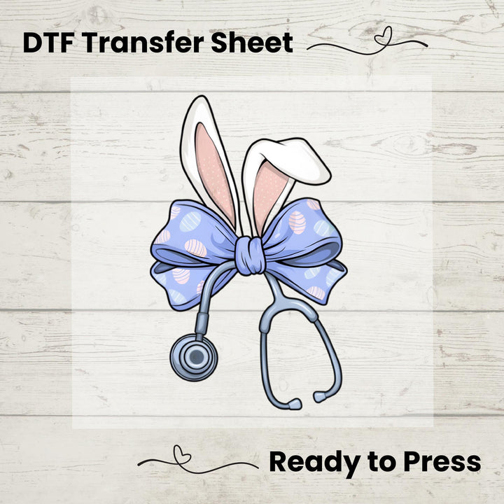 DTF Transfer featuring bunny ears, a pastel bow, and a stethoscope – perfect for nurses and healthcare workers.