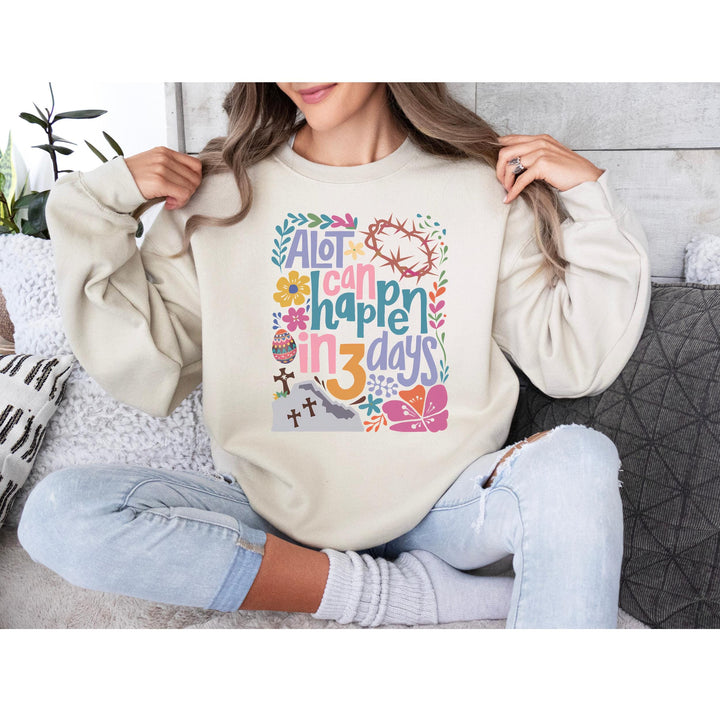 Colorful typography and symbolic Easter imagery transfer, perfect for faith-based apparel and crafts.