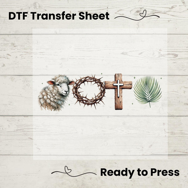 Easter DTF transfer featuring a lamb, cross, crown of thorns, and palm leaf, perfect for Christian apparel.