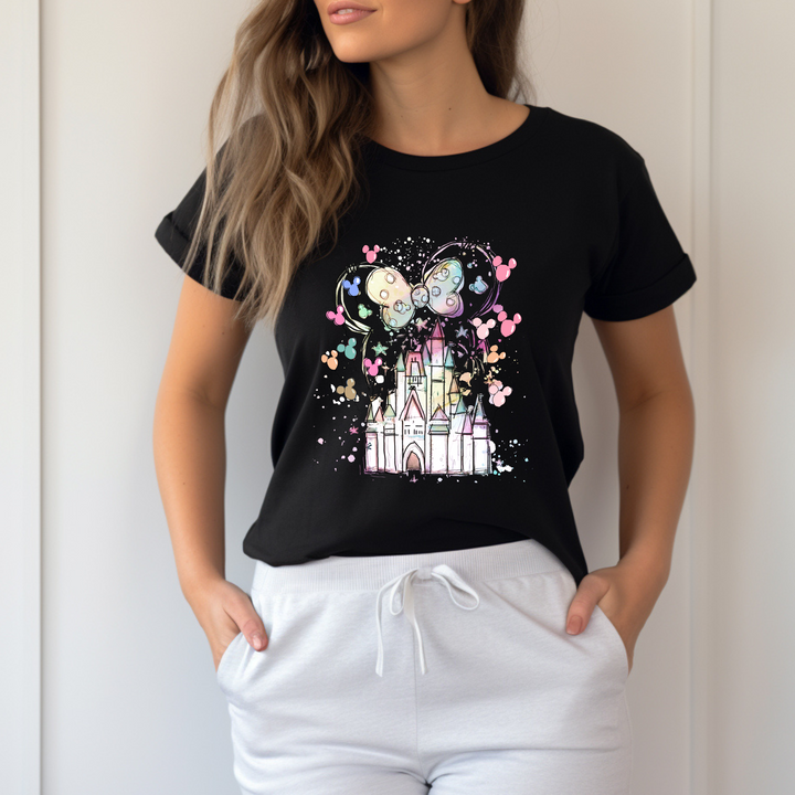 Close-up view of a Minnie bow castle design DTF transfer, showcasing bright colors and crisp details, ideal for apparel decoration.