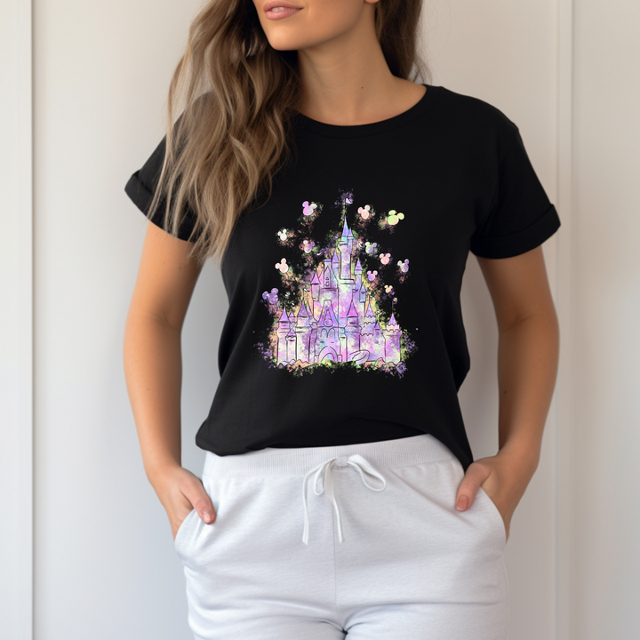 Close-up view of a high-quality DTF transfer with a magical castle and colorful Mickey balloons, ideal for Disney-inspired outfits.