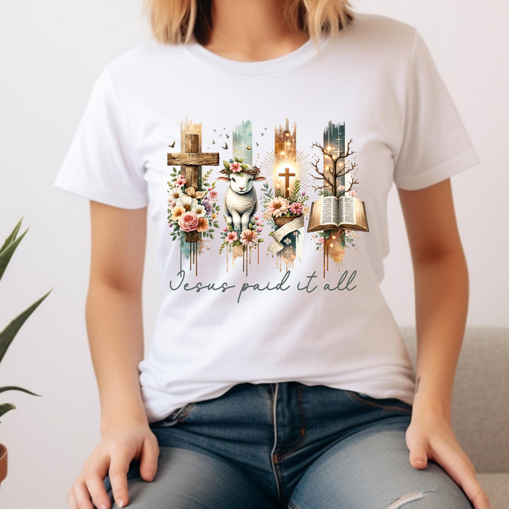 Elegant Easter cross and lamb design emphasizing Jesus' sacrifice, perfect for faith-based apparel and décor