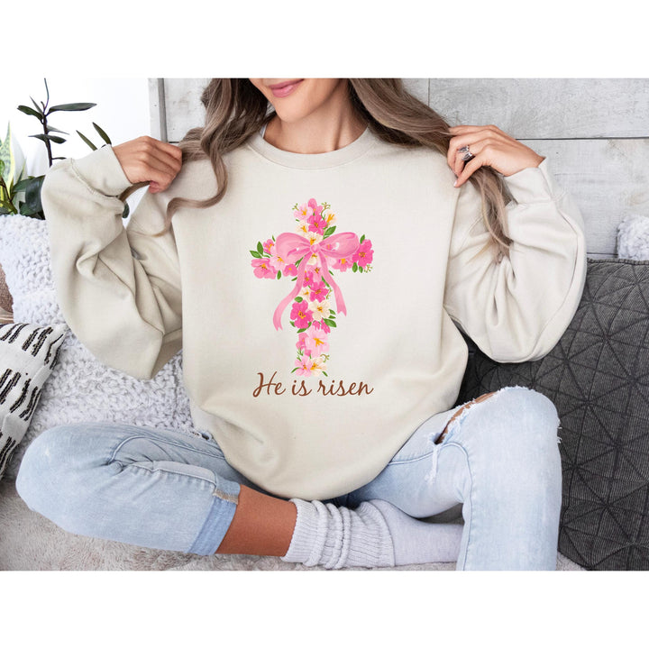 Vibrant and delicate Easter cross print with flowers and scripture, ideal for church outfits.