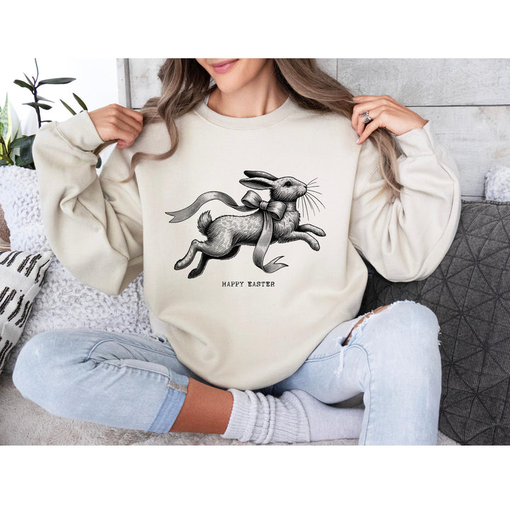 Timeless antique-style rabbit print with a soft, elegant ribbon – great for spring fashion.