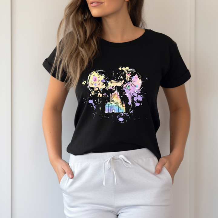 A pastel-colored Disney-style castle with fireworks and Mickey head outline, printed on a ready-to-press DTF transfer.