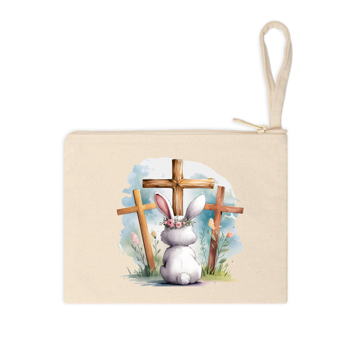 Beautiful Christian Easter DTF transfer featuring a bunny, blooming flowers, and wooden crosses.