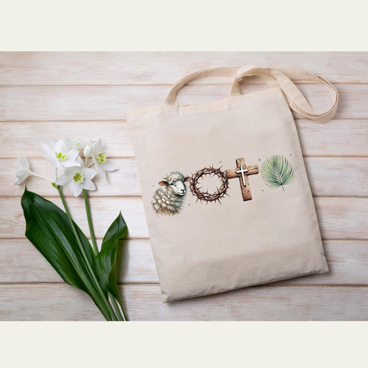 Inspirational transfer with symbolic Easter imagery including a lamb, crown of thorns, cross, and palm branch.