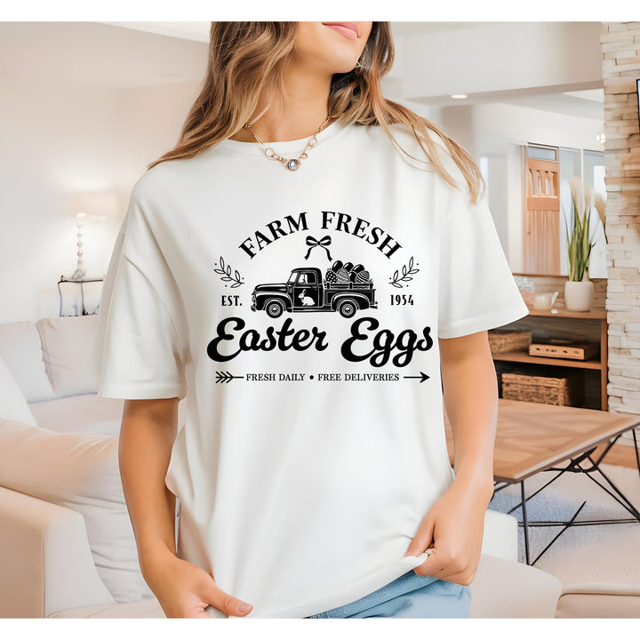 DTF Transfer featuring a vintage pickup truck carrying Easter eggs with "Farm Fresh Easter Eggs" rustic typography.