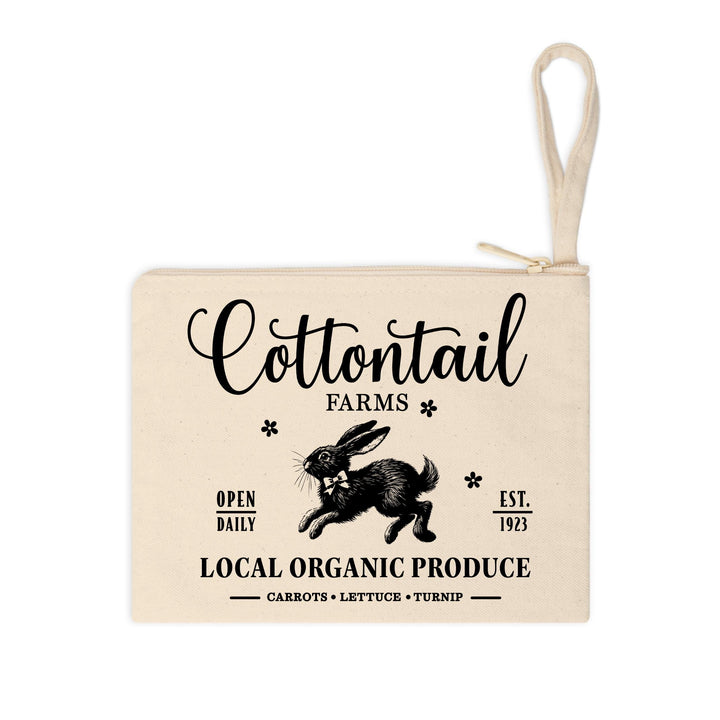 Vintage-inspired Cottontail Farms heat transfer featuring a rustic rabbit and organic farm lettering.
