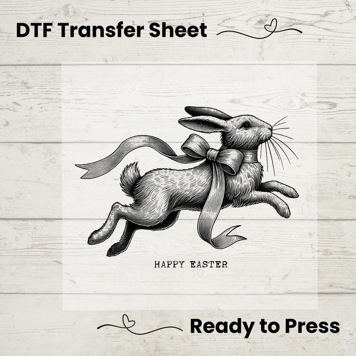 Farmhouse-inspired Easter heat transfer with a classic sketch-style bunny, ideal for rustic t-shirts.
