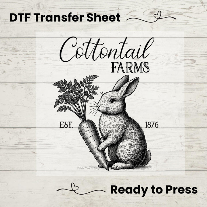 Easter-themed farmhouse heat transfer with a sketch-style bunny, perfect for DIY shirts and rustic décor.