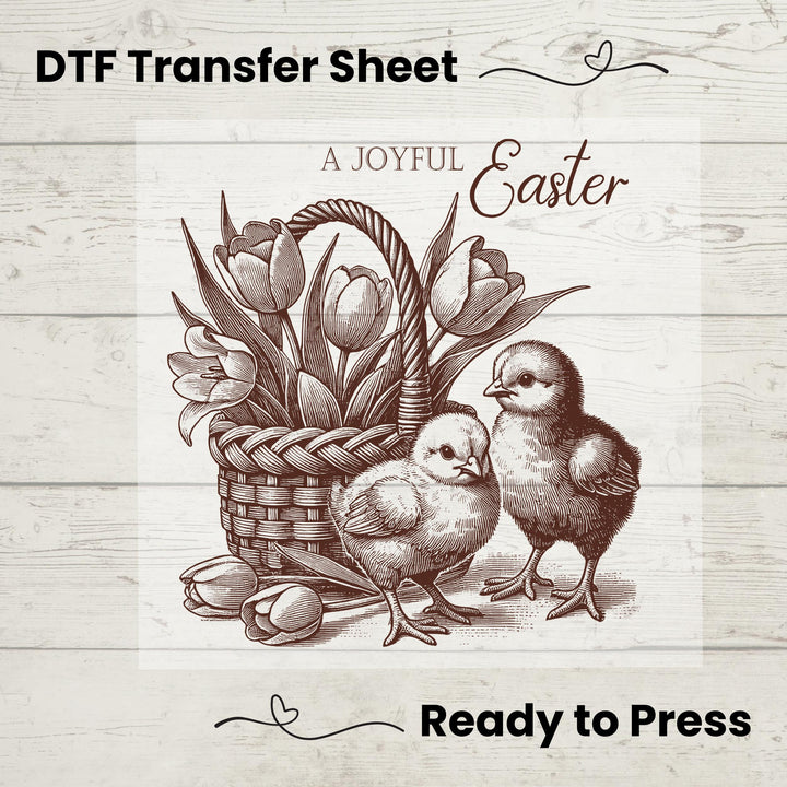 Rustic farmhouse-inspired DTF transfer with hand-drawn chicks and a woven tulip basket for a vintage Easter aesthetic.