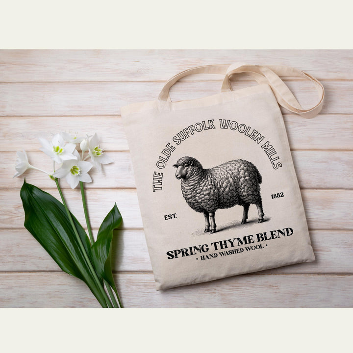 Retro-style Suffolk sheep artwork with an old-fashioned wool mill label design, perfect for vintage apparel.

