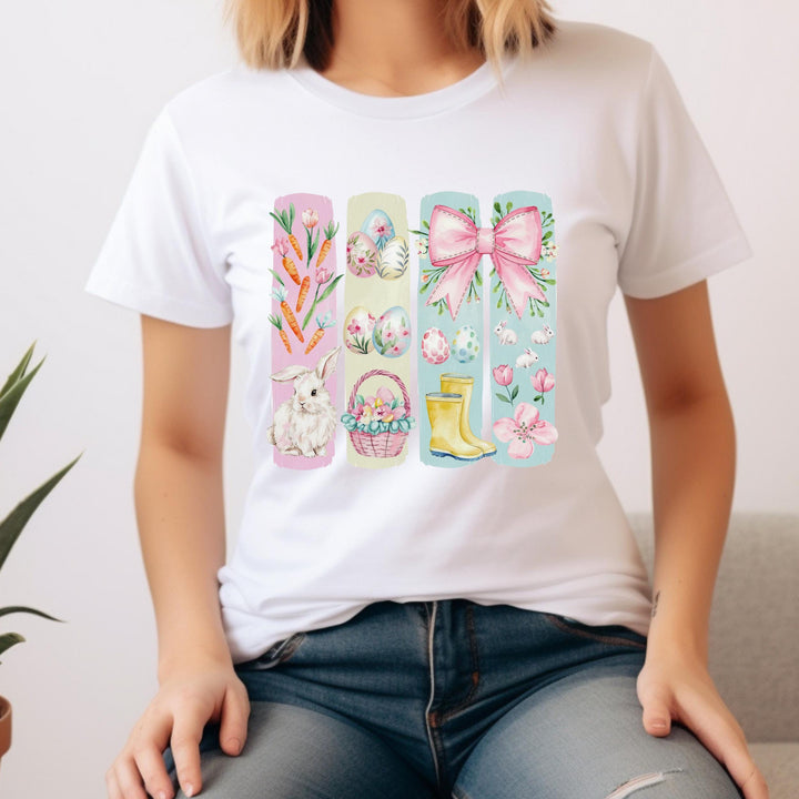 Colorful pastel Easter transfer with rain boots, pink bow, and bunny illustration, perfect for seasonal gifts.