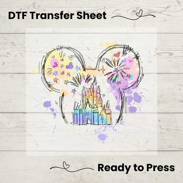 Mickey head outline with a pastel castle and fireworks DTF transfer sheet, perfect for heat press projects.