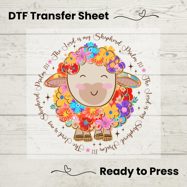 Floral Christian Easter Lamb DTF heat transfer featuring Psalm 23:1 scripture and a colorful lamb design, ready to press on t-shirts.