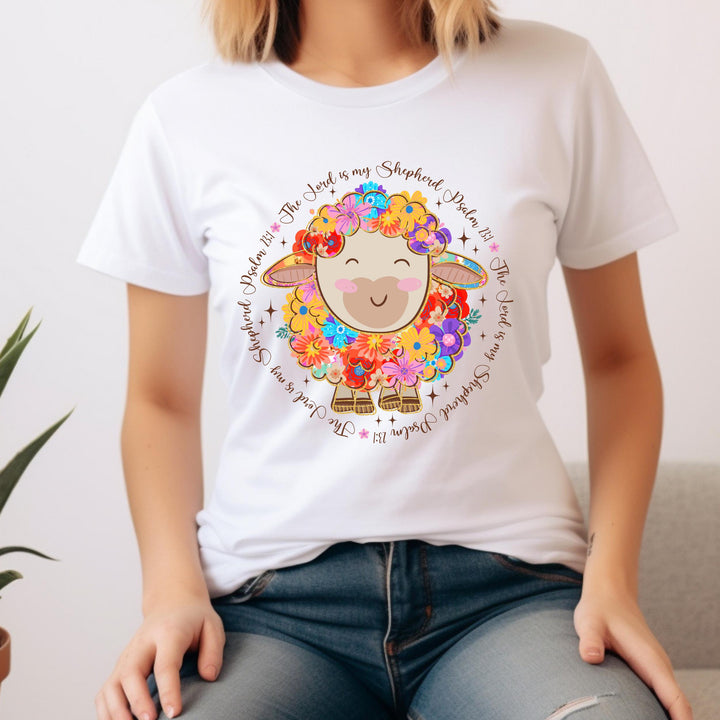 Floral Christian Easter Lamb DTF heat transfer featuring Psalm 23:1 scripture and a colorful lamb design, ready to press on t-shirts.