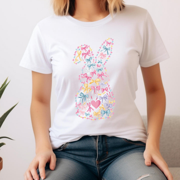Ready-to-press DTF transfer featuring a bunny made up of tiny bows, hearts, and floral details in pastel tones.
