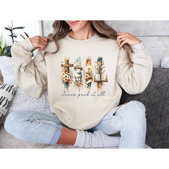 Vibrant resurrection-themed print with a lamb and Bible, ideal for church fashion and religious events.