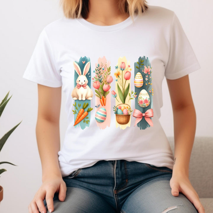Ready-to-press DTF transfer with soft pastel colors, an Easter bunny, floral eggs, and pink tulips.