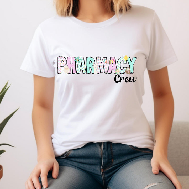 Festive pharmacy print with bright seasonal graphics, ready to press on scrubs, tote bags, and work apparel.