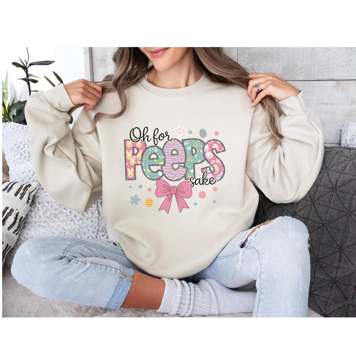 Funny 'Oh for Peeps Sake' DTF transfer for Easter-themed t-shirts, featuring a pink bow, colorful peeps, and a pastel color palette