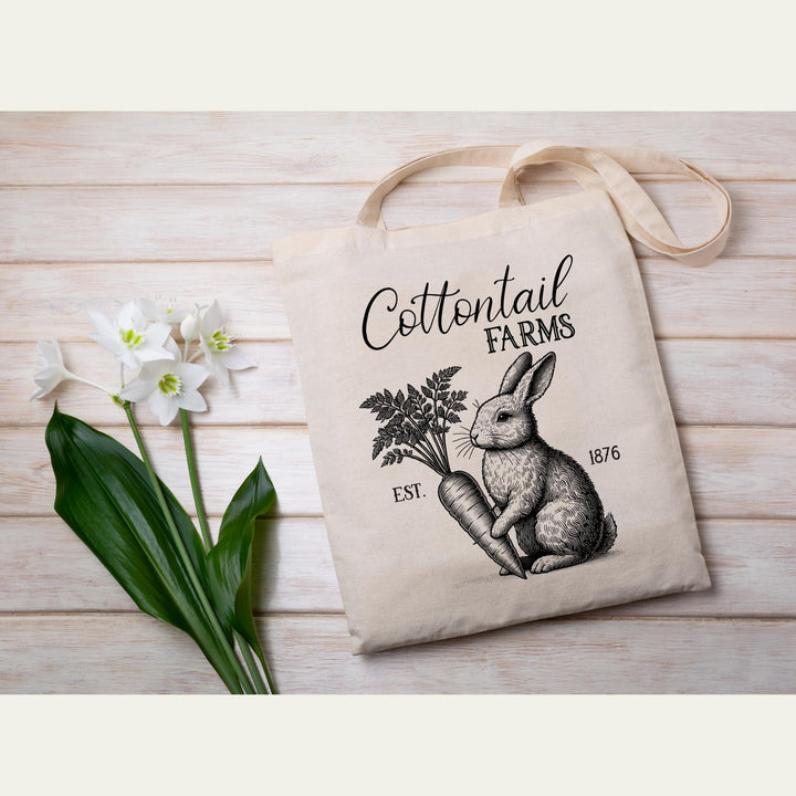 Classic Easter rabbit print with old-fashioned farm typography, ideal for tote bags and aprons.