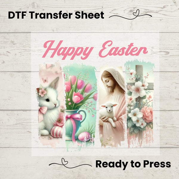 DTF Transfer featuring Jesus with a lamb, a cute Easter bunny, and spring floral elements – perfect for Easter apparel.