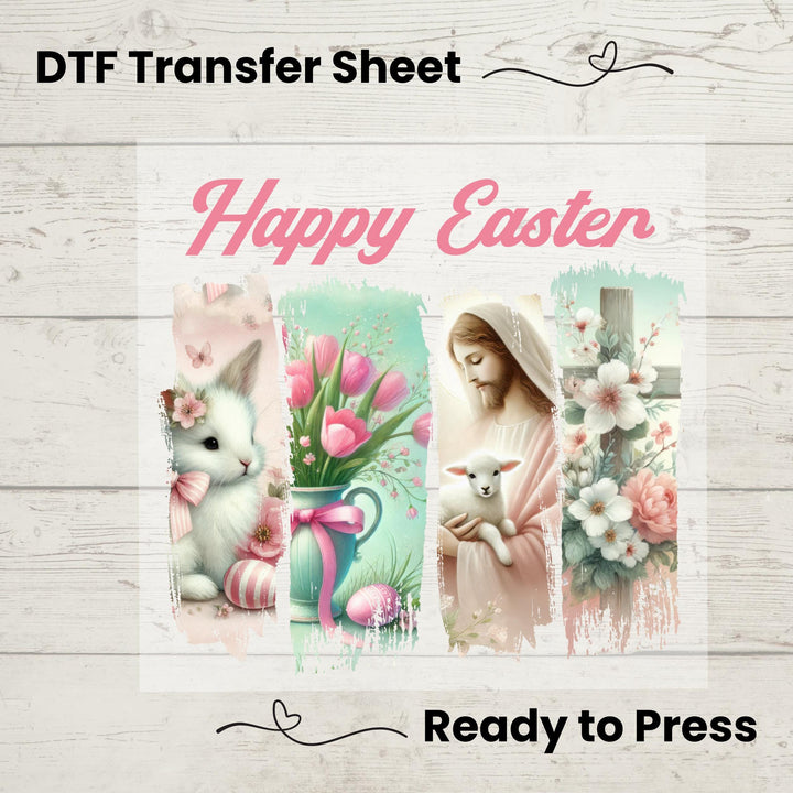 DTF Transfer featuring Jesus with a lamb, a cute Easter bunny, and spring floral elements – perfect for Easter apparel.