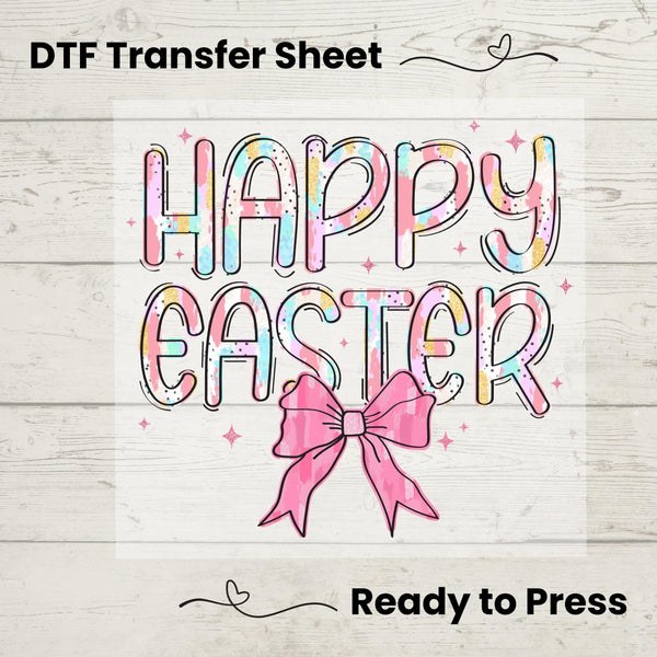 DTF Transfer featuring pastel brushstroke "Happy Easter" text with a pink bow, perfect for Easter apparel.