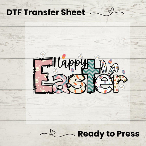 Playful "Happy Easter" design with patterned letters, bunny ears, and Easter egg accents, perfect for festive apparel.