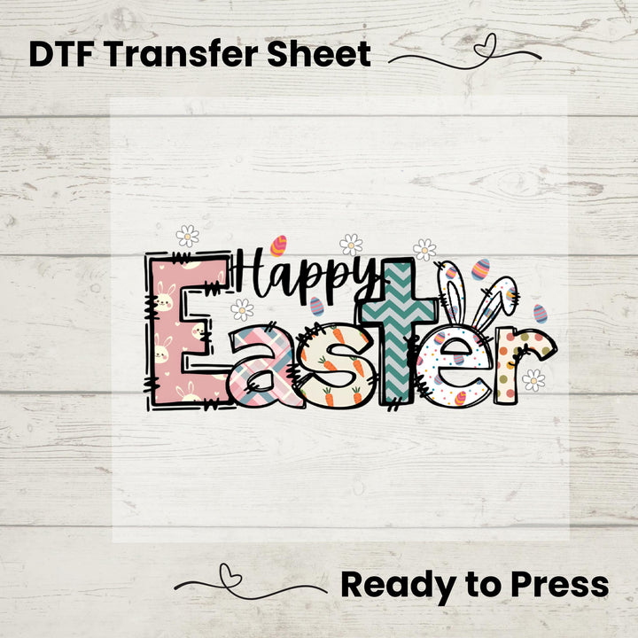 Playful "Happy Easter" design with patterned letters, bunny ears, and Easter egg accents, perfect for festive apparel.