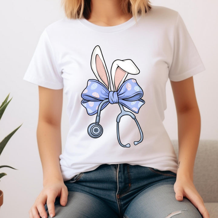Cheerful medical-themed bunny print for Easter, great for custom nursing t-shirts, hoodies, and tote bags.