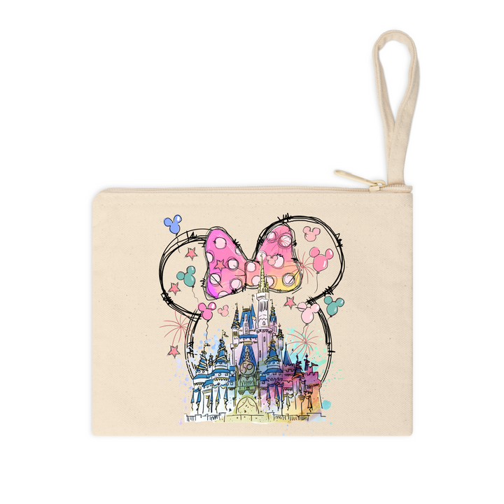 Vibrant Minnie bow and castle DTF transfer featuring pastel colors and sparkles, ready for use on cotton or polyester garments.