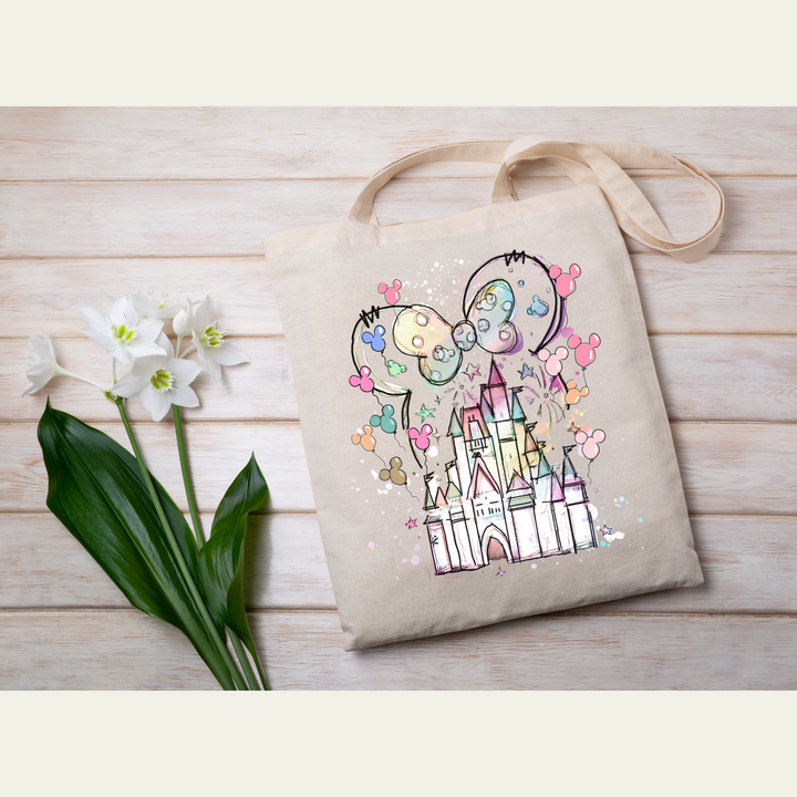 A Minnie bow and castle DTF transfer with watercolor details, designed for easy application on fabric.